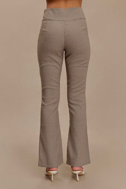 Pantalon droit à taille mi-hauteur avec boucle et imprimé à carreaux beige - Sweeney