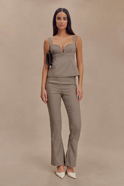 Pantalon droit à taille mi-hauteur avec boucle et imprimé à carreaux beige - Sweeney