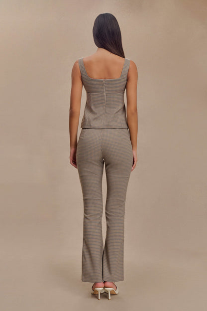 Pantalon droit à taille mi-hauteur avec boucle et imprimé à carreaux beige - Sweeney