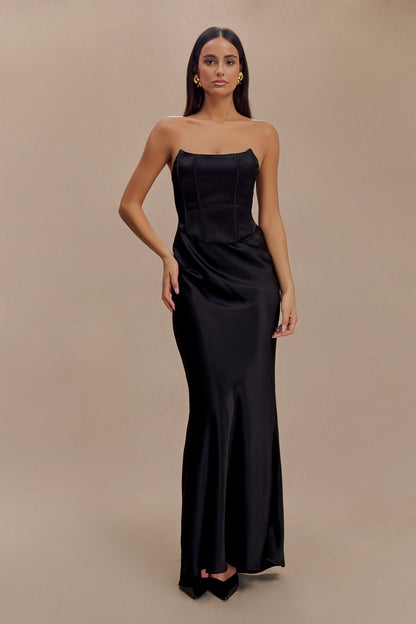 Robe Maxi Satin Sans Bretelles Harlow - Noir
