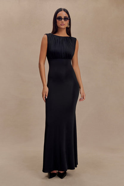Robe Maxi Malia en Mousseline de Soie à Plis - Noir
