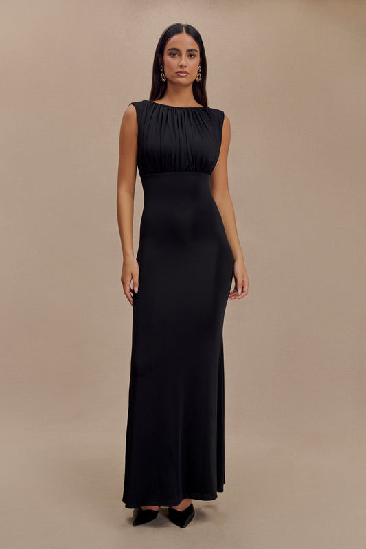 Robe Maxi Malia en Mousseline de Soie à Plis - Noir