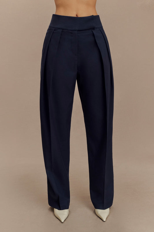 Pantalon à taille haute et plis Penelope - Bleu marine foncé