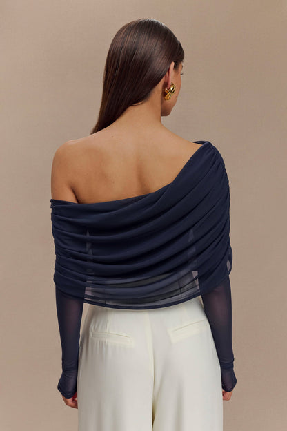 Top en maille transparente à épaules dénudées Everly - Bleu marine foncé