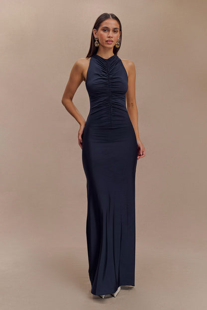 Robe Maxi Halter à Fronces et Décolleté en V - Bleu Marine