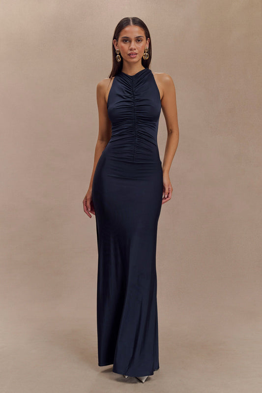 Robe Maxi Halter à Fronces et Décolleté en V - Bleu Marine