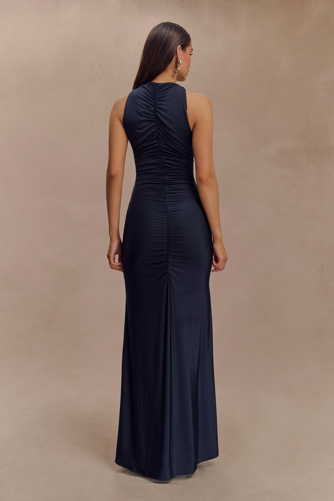 Robe Maxi Halter à Fronces et Décolleté en V - Bleu Marine