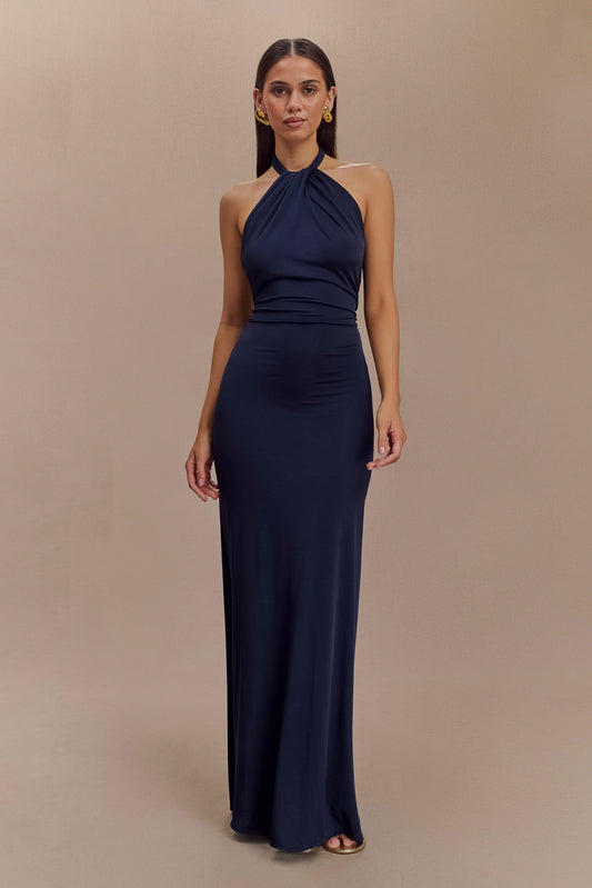 Robe Maxi Halter Élyna en Tissu Coulant - Bleu Marine