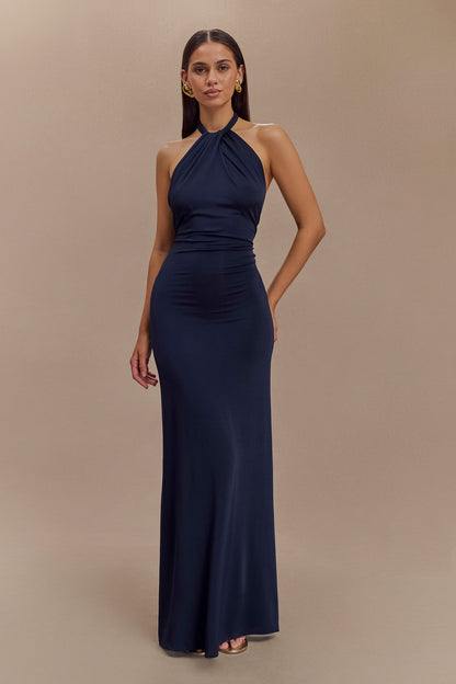 Robe Maxi Halter Élyna en Tissu Coulant - Bleu Marine