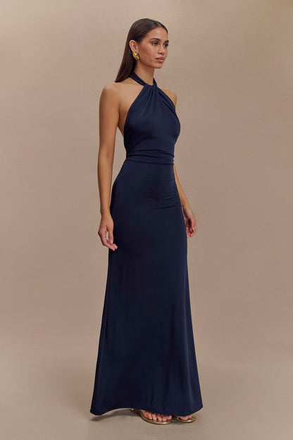 Robe Maxi Halter Élyna en Tissu Coulant - Bleu Marine