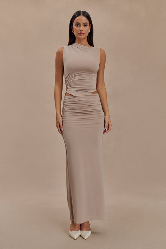 Robe Maxi Kaia à Découpes et Effet Glissant - Taupe