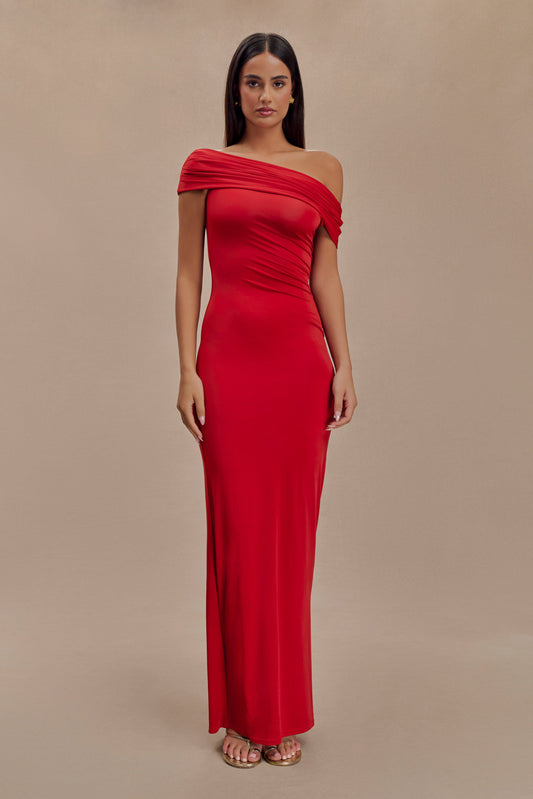 Robe Maxi Épaules Découvertes et Étroite Cassandra - Rouge