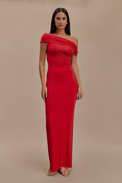 Robe Maxi Épaules Découvertes et Étroite Cassandra - Rouge
