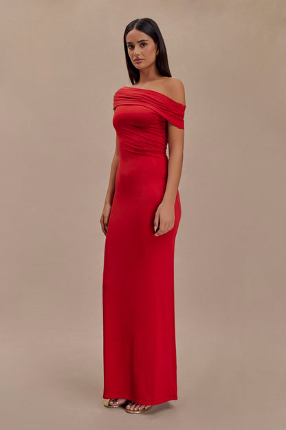 Robe Maxi Épaules Découvertes et Étroite Cassandra - Rouge
