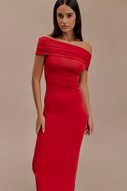 Robe Maxi Épaules Découvertes et Étroite Cassandra - Rouge