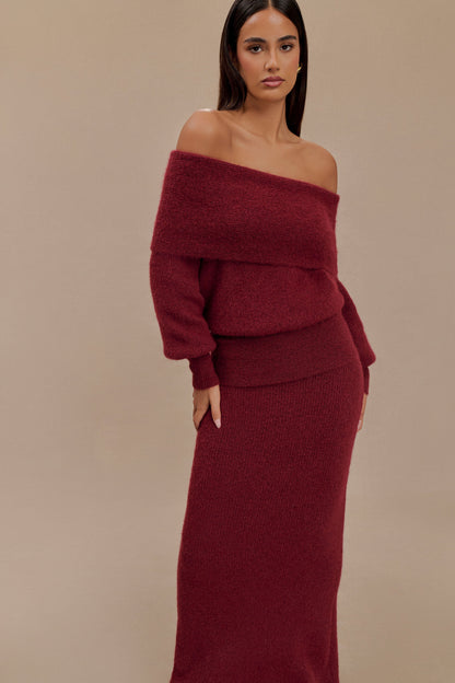 Charlotte Haut en Tricot à Manches Longues Décolleté Croisé - Merlot