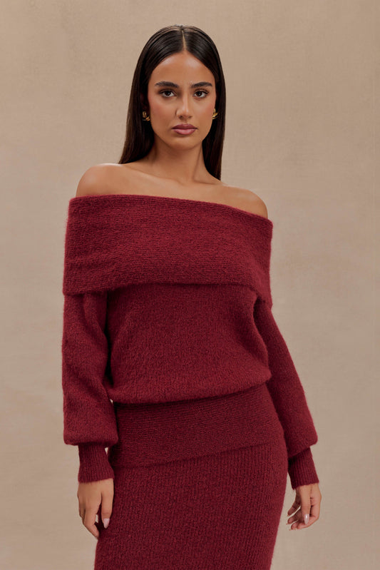 Charlotte Haut en Tricot à Manches Longues Décolleté Croisé - Merlot