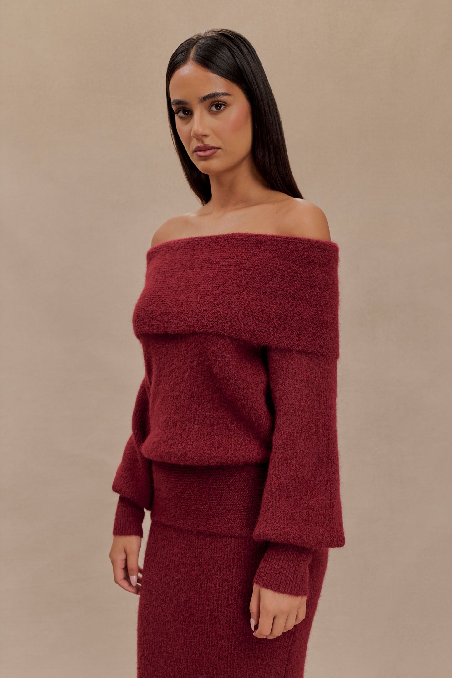 Charlotte Haut en Tricot à Manches Longues Décolleté Croisé - Merlot