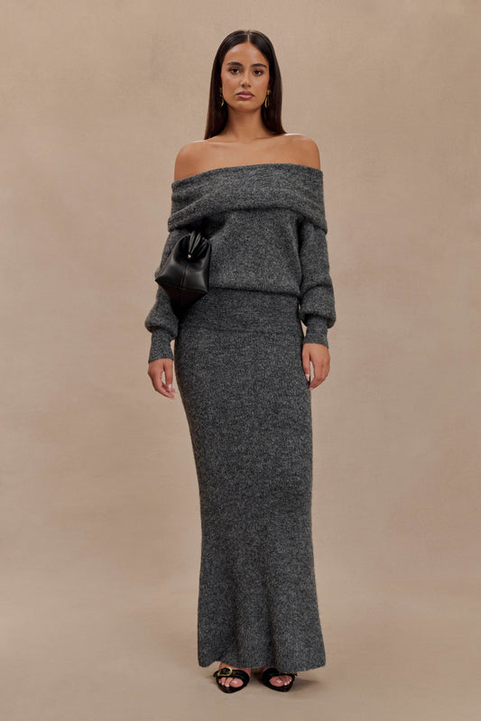 Jupe Maxi Tricotée Charlotte avec Superposition - Gris Anthracite