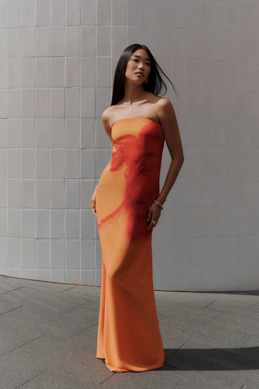 Robe Maxi en Chiffon sans Bretelles Amaya - Imprimé Orchidée Koi