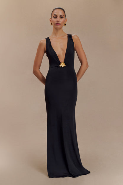 Robe Maxi Beck à Décolleté Plongeant avec Frotterie Florale - Noir
