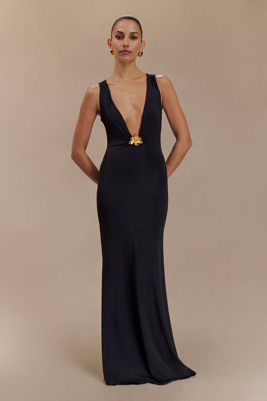 Robe Maxi Beck à Décolleté Plongeant avec Frotterie Florale - Noir