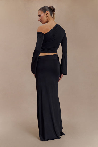 Jupe Maxi Asymétrique Ainsley avec Frotterie Fleurie - Noir