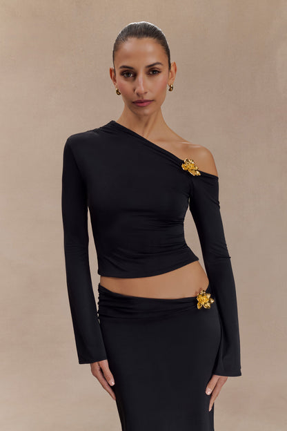 Top asymétrique à manches longues Ainsley avec ornements floraux - Noir