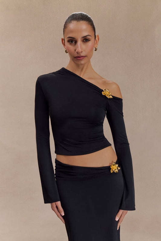 Top asymétrique à manches longues Ainsley avec ornements floraux - Noir