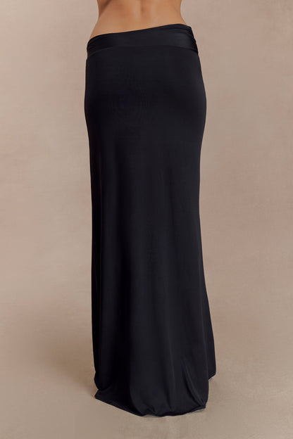 Jupe Maxi Asymétrique Ainsley avec Frotterie Fleurie - Noir