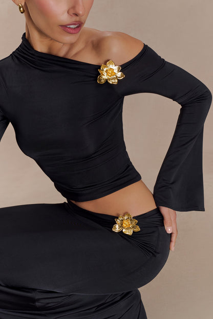 Top asymétrique à manches longues Ainsley avec ornements floraux - Noir