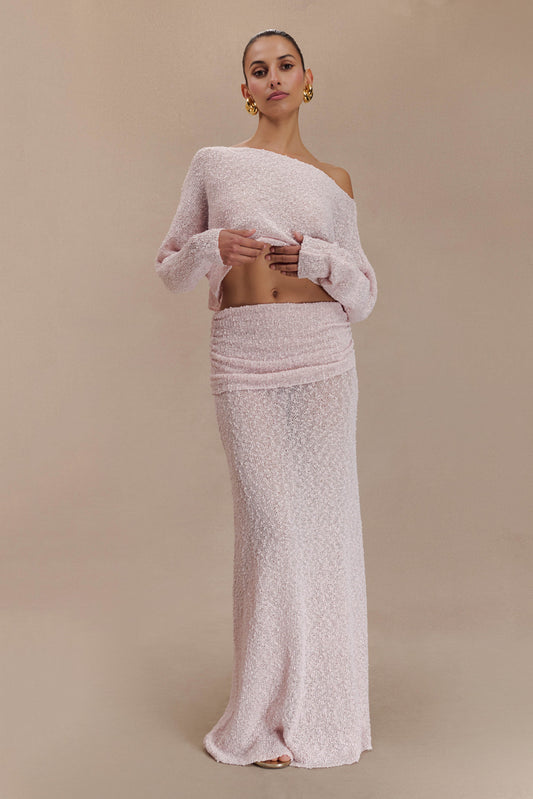 Jupe Maxi Tricoté à Volants Petra - Rose Poudré