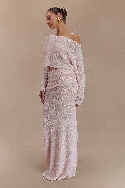 Jupe Maxi Tricoté à Volants Petra - Rose Poudré