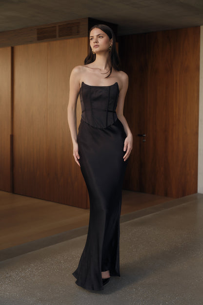 Robe Maxi Satin Sans Bretelles Harlow - Noir