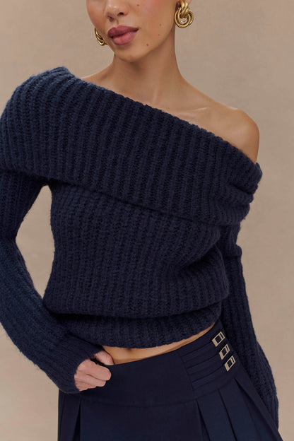 Top en tricot Alicia à épaules dénudées - Bleu marine foncé