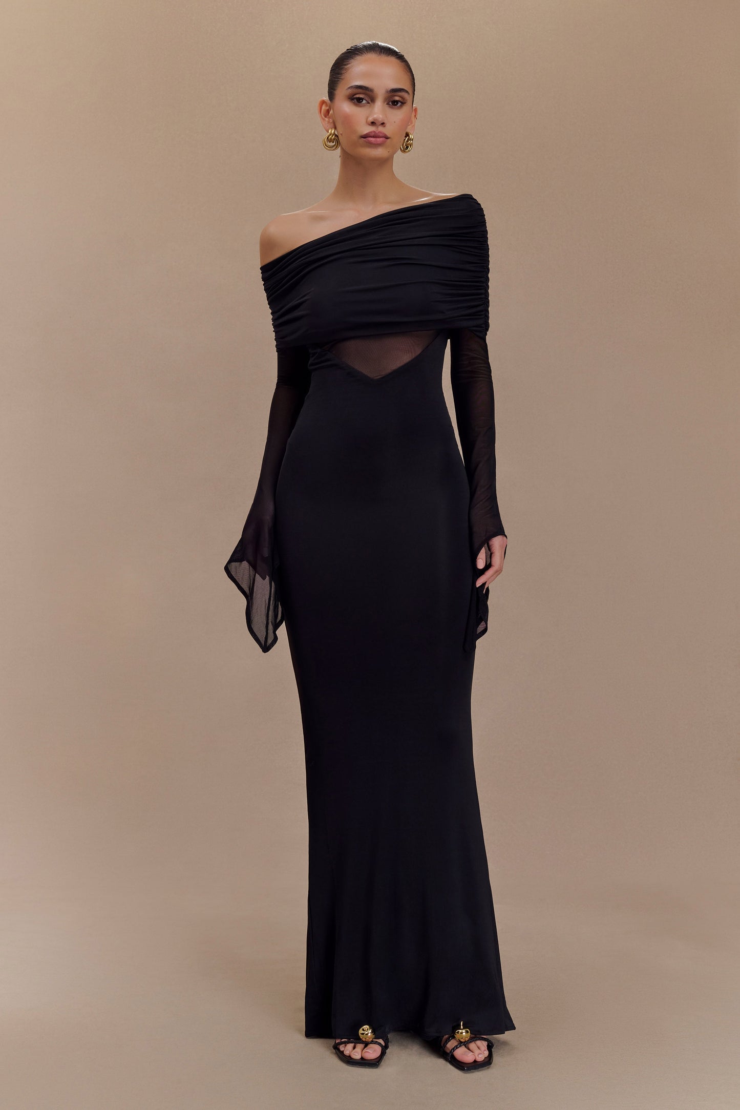 Robe Maxi Épaule Découverte en Mousseline et Maille - Noir