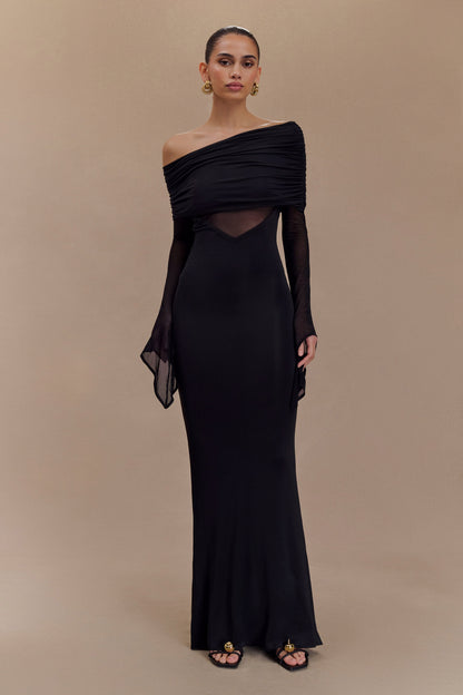 Robe Maxi Épaule Découverte en Mousseline et Maille - Noir