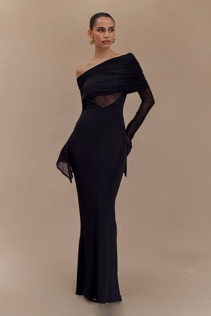 Robe Maxi Épaule Découverte en Mousseline et Maille - Noir