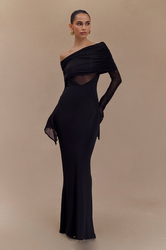 Robe Maxi Épaule Découverte en Mousseline et Maille - Noir