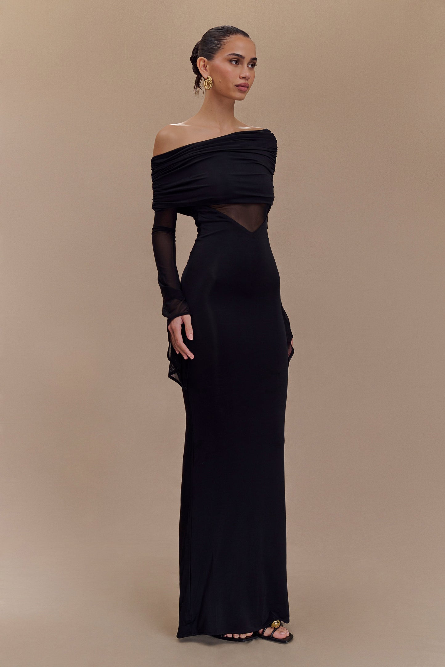 Robe Maxi Épaule Découverte en Mousseline et Maille - Noir