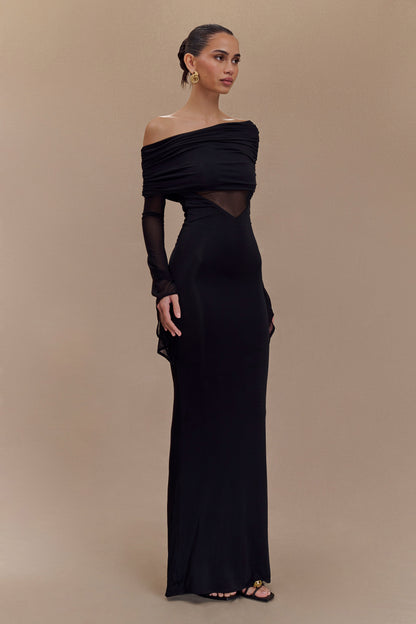 Robe Maxi Épaule Découverte en Mousseline et Maille - Noir