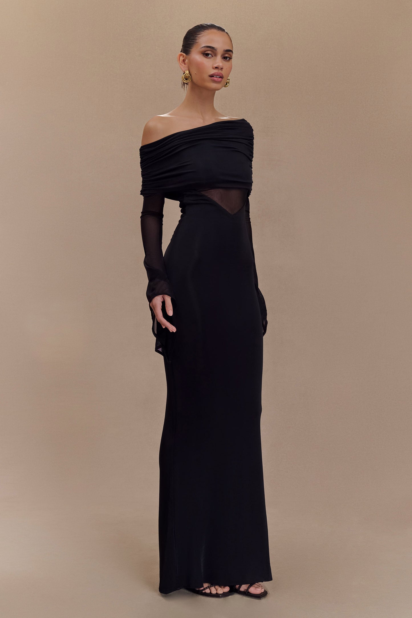 Robe Maxi Épaule Découverte en Mousseline et Maille - Noir