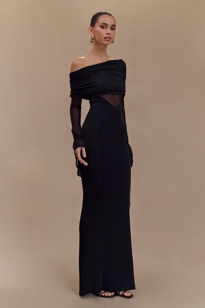 Robe Maxi Épaule Découverte en Mousseline et Maille - Noir