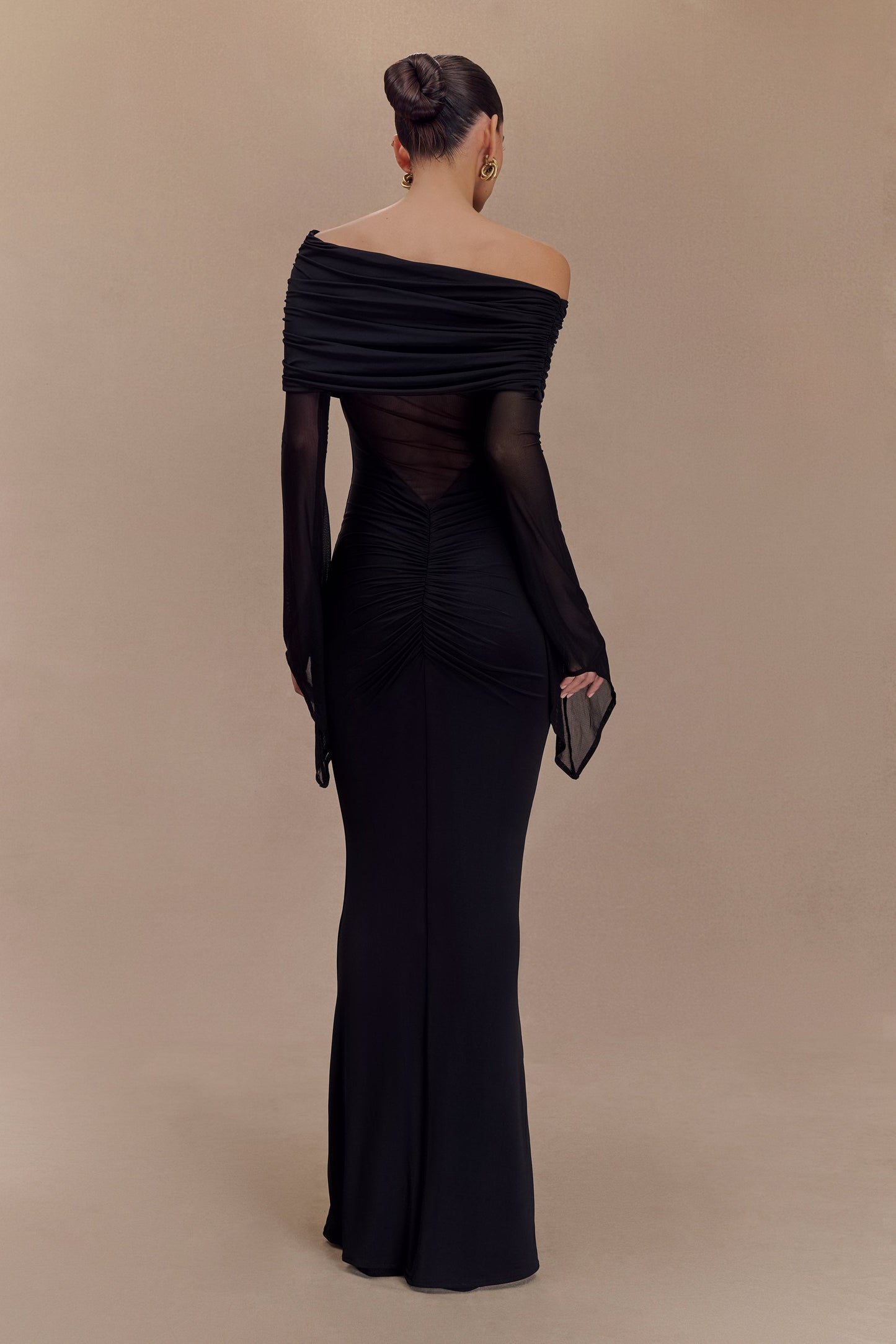 Robe Maxi Épaule Découverte en Mousseline et Maille - Noir