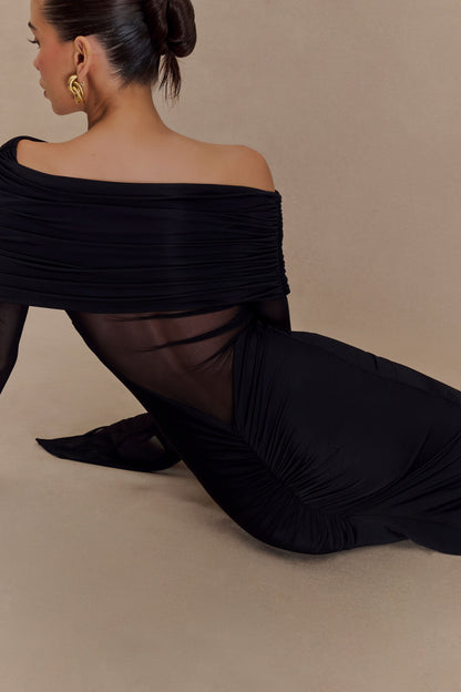 Robe Maxi Épaule Découverte en Mousseline et Maille - Noir