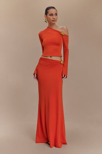 Jupe Maxi Asymétrique Ainsley avec Frotterie Florale - Orange Brûlé