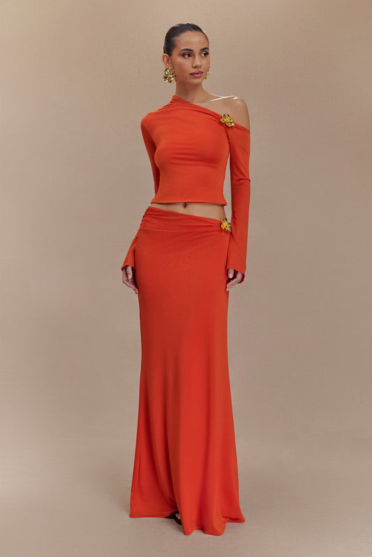 Jupe Maxi Asymétrique Ainsley avec Frotterie Florale - Orange Brûlé