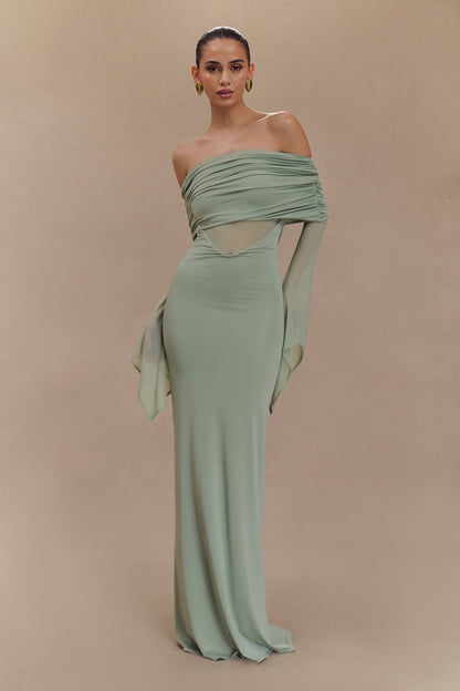 Robe Maxi Épaule Découverte en Mousseline et Maille - Basil