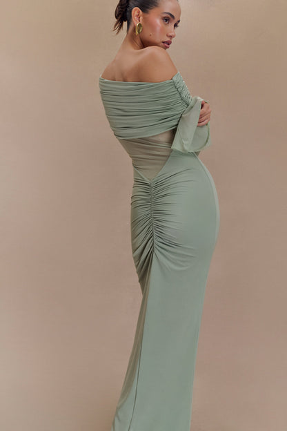 Robe Maxi Épaule Découverte en Mousseline et Maille - Basil