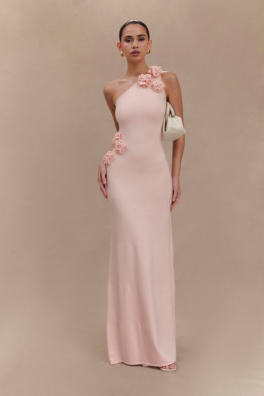Robe Maxi Tricotée à Une Épaule Paloma avec Fleurs - Rose Poussière